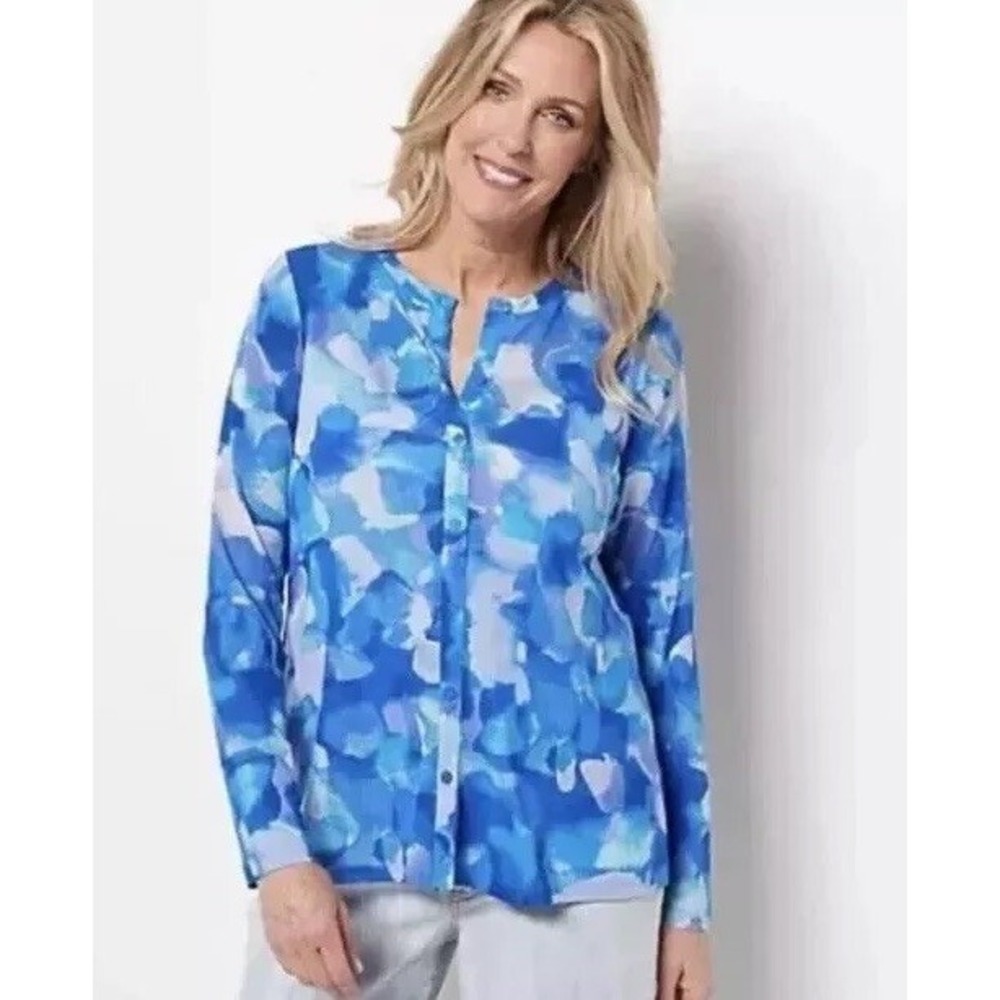 LOGO Layers Lori Goldstein Watercolor Printed Mesh Cardigan Blue‎ Sea Size Large
